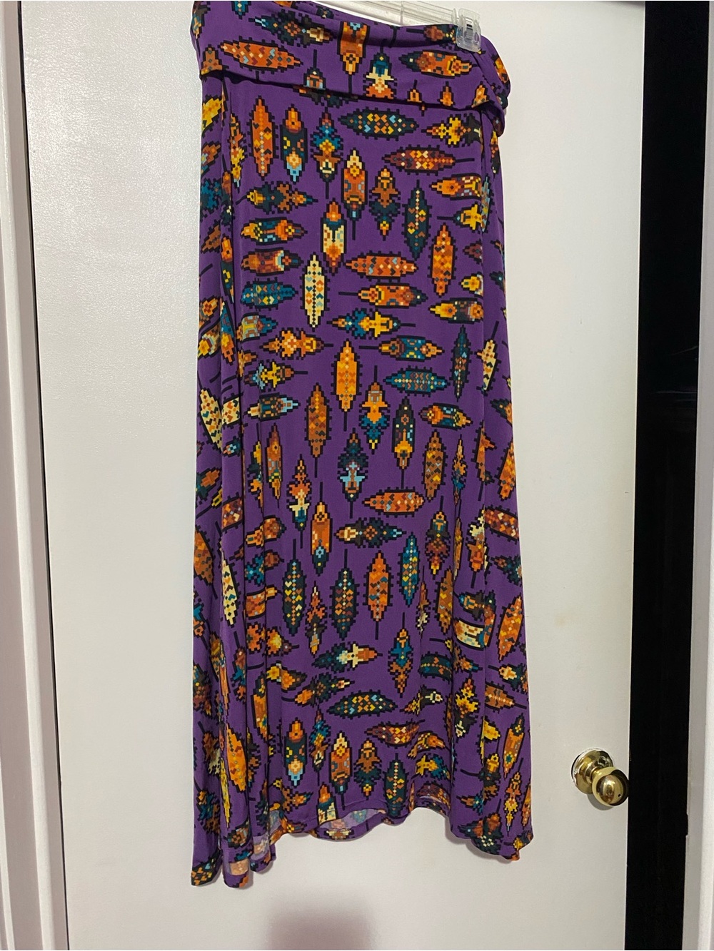 LuLaRoe Purple Maxi Skirt with Orange, Teal & Yellow Geometric Print